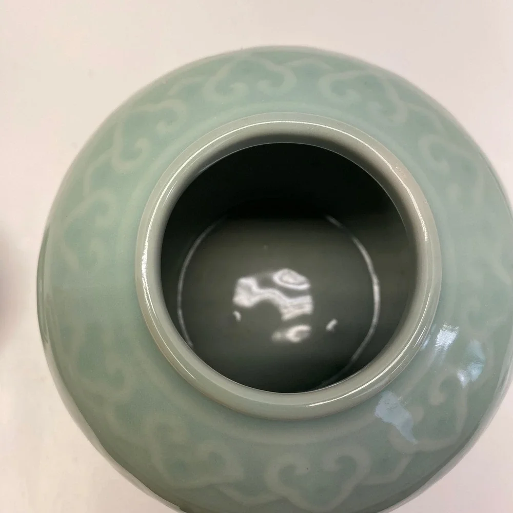 Antique Celadon Green Floral Ginger Jar Ceramic Asian Style Lidded Vase 5.5in